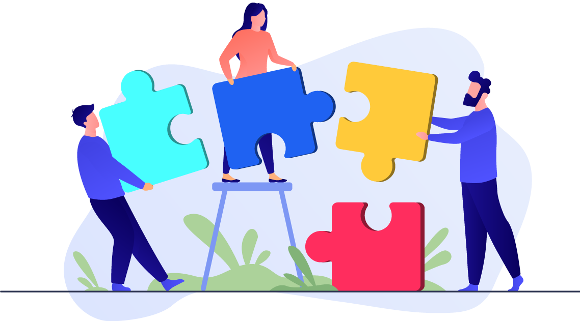 People working together to connect colorful puzzle pieces