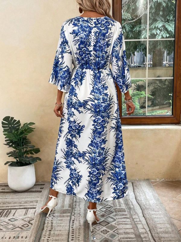 Breezaya Robe de plage longue décontractée pour vacances, imprimé floral, manches chauve-souris, ceinture à la taille, fente, tenue de vacances - Image 2