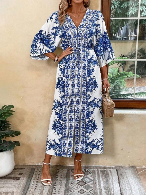 Breezaya Robe de plage longue décontractée pour vacances, imprimé floral, manches chauve-souris, ceinture à la taille, fente, tenue de vacances - Image 3