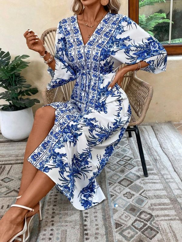 Breezaya Robe de plage longue décontractée pour vacances, imprimé floral, manches chauve-souris, ceinture à la taille, fente, tenue de vacances - Image 4