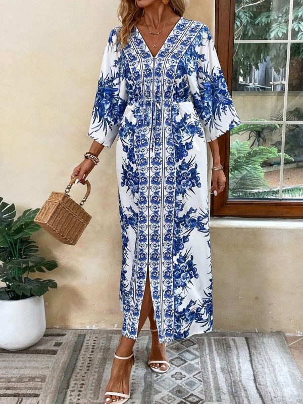 Breezaya Robe de plage longue décontractée pour vacances, imprimé floral, manches chauve-souris, ceinture à la taille, fente, tenue de vacances - Image 5