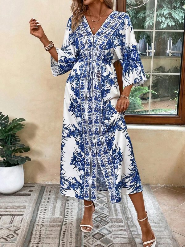 Breezaya Robe de plage longue décontractée pour vacances, imprimé floral, manches chauve-souris, ceinture à la taille, fente, tenue de vacances - Image 6