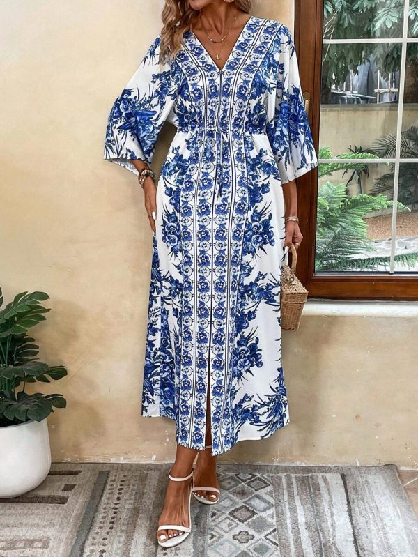 Breezaya Robe de plage longue décontractée pour vacances, imprimé floral, manches chauve-souris, ceinture à la taille, fente, tenue de vacances - Image 8