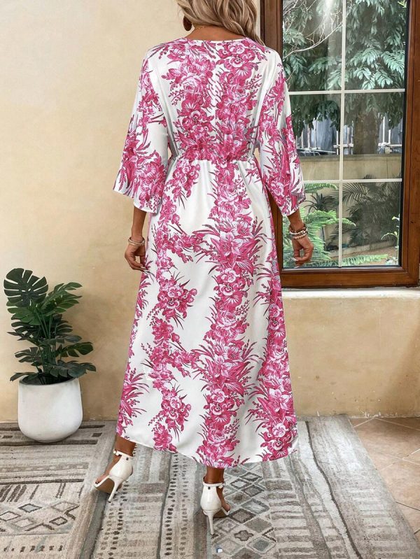 Breezaya Robe de plage longue décontractée pour vacances, imprimé floral, manches chauve-souris, ceinture à la taille, fente, tenue de vacances - Image 10