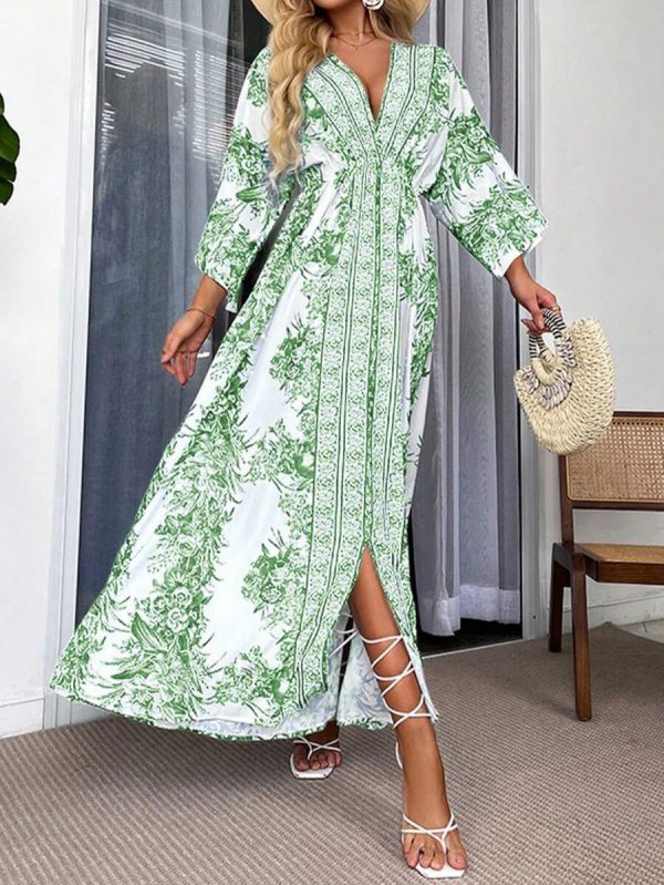 Breezaya Robe de plage longue décontractée pour vacances, imprimé floral, manches chauve-souris, ceinture à la taille, fente, tenue de vacances - Image 14