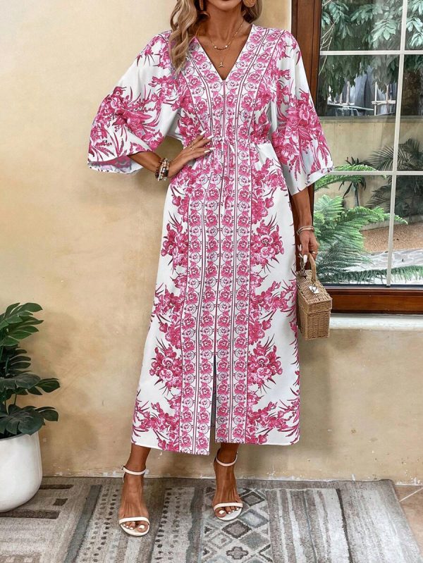 Breezaya Robe de plage longue décontractée pour vacances, imprimé floral, manches chauve-souris, ceinture à la taille, fente, tenue de vacances - Image 12