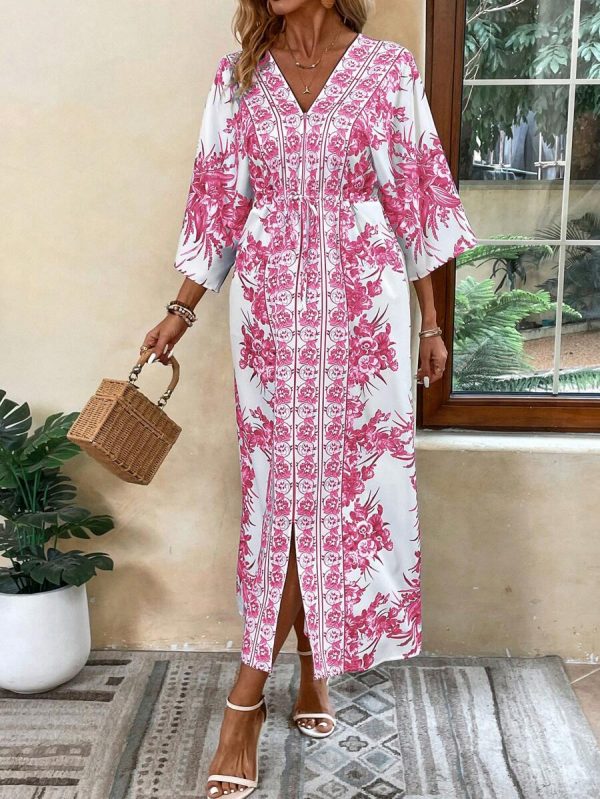 Breezaya Robe de plage longue décontractée pour vacances, imprimé floral, manches chauve-souris, ceinture à la taille, fente, tenue de vacances - Image 13