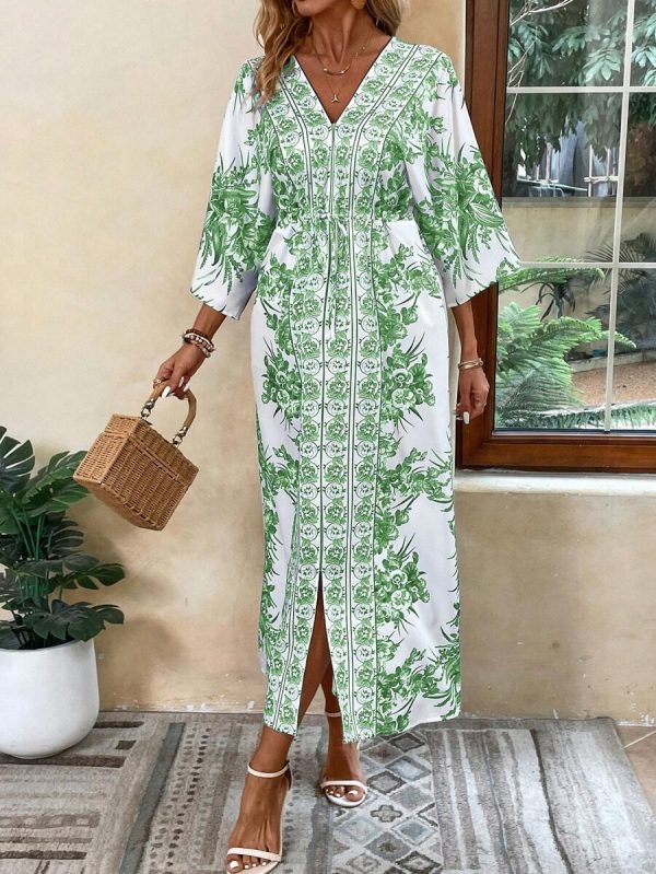 Breezaya Robe de plage longue décontractée pour vacances, imprimé floral, manches chauve-souris, ceinture à la taille, fente, tenue de vacances - Image 16