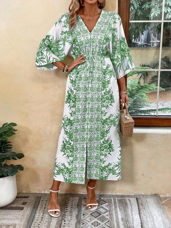 Breezaya Robe de plage longue décontractée pour vacances, imprimé floral, manches chauve-souris, ceinture à la taille, fente, tenue de vacances - Image 18