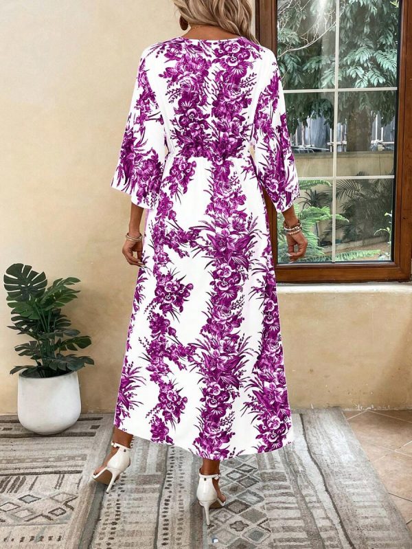 Breezaya Robe de plage longue décontractée pour vacances, imprimé floral, manches chauve-souris, ceinture à la taille, fente, tenue de vacances - Image 20