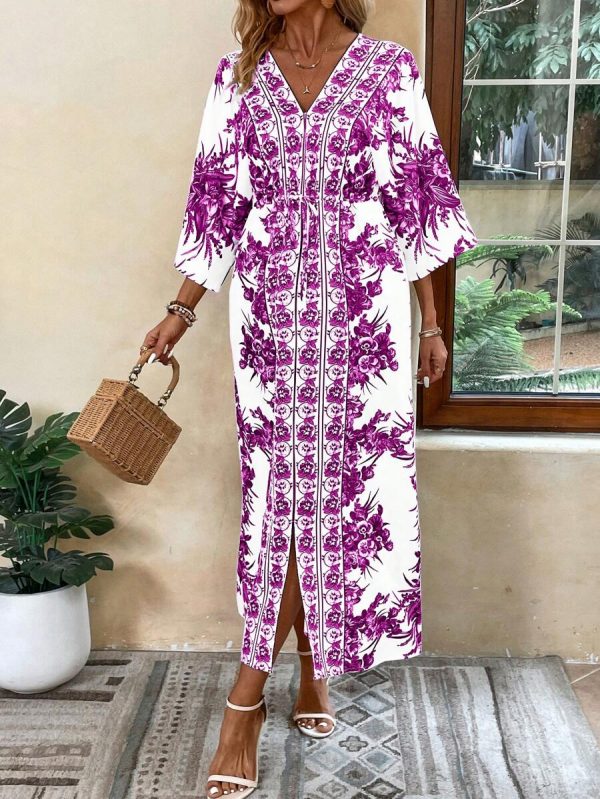 Breezaya Robe de plage longue décontractée pour vacances, imprimé floral, manches chauve-souris, ceinture à la taille, fente, tenue de vacances - Image 21