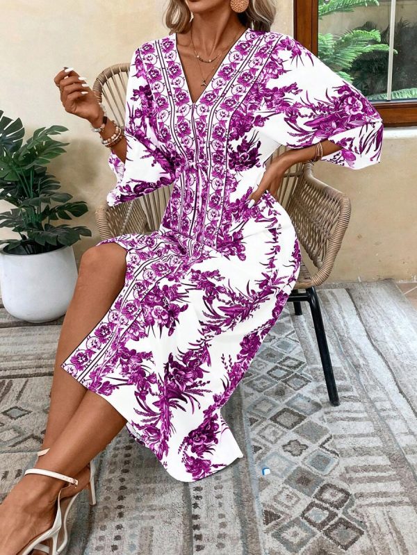 Breezaya Robe de plage longue décontractée pour vacances, imprimé floral, manches chauve-souris, ceinture à la taille, fente, tenue de vacances - Image 22