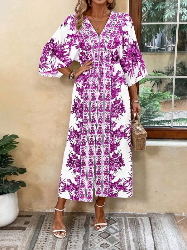 Breezaya Robe de plage longue décontractée pour vacances, imprimé floral, manches chauve-souris, ceinture à la taille, fente, tenue de vacances - Image 23