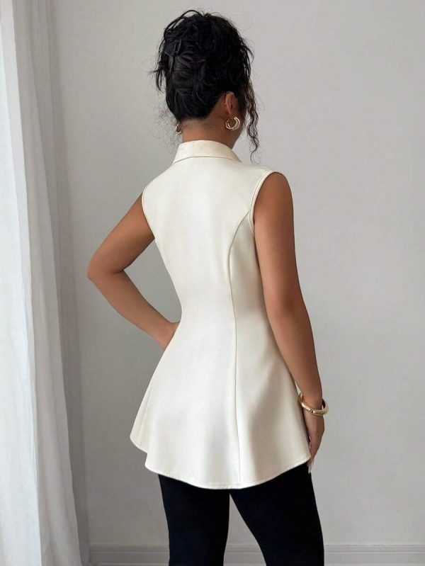 Elenzga Veste régulière pour femmes avec col en V, taille cintrée, ourlet asymétrique sans manches, couleur abricot - Image 2