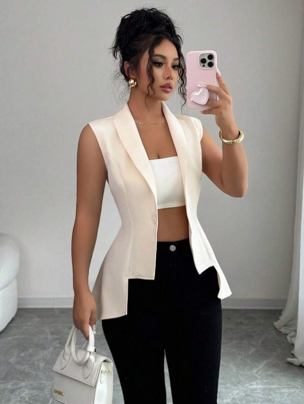 Elenzga Veste régulière pour femmes avec col en V, taille cintrée, ourlet asymétrique sans manches, couleur abricot - Image 3