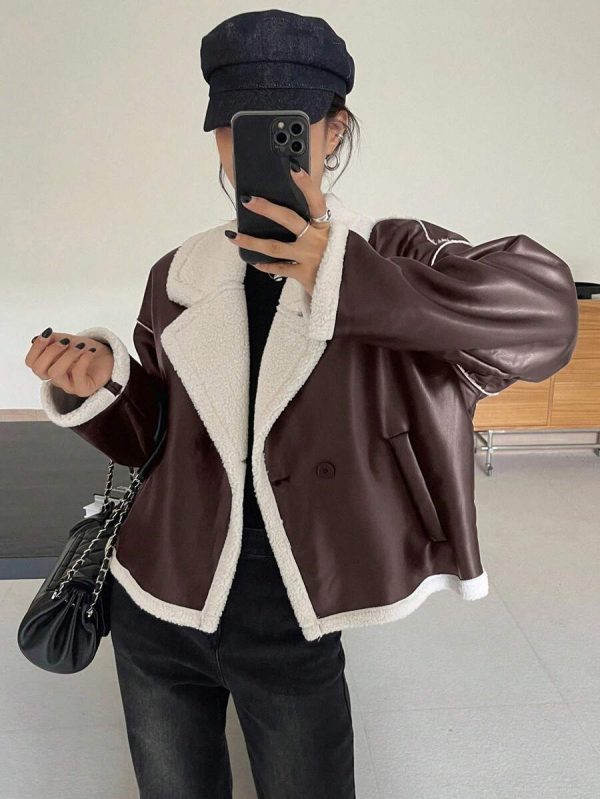 DAZY Veste en fausse fourrure de mouton à couleurs contrastées pour femmes, automne/hiver - Image 12