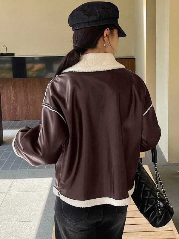 DAZY Veste en fausse fourrure de mouton à couleurs contrastées pour femmes, automne/hiver - Image 13