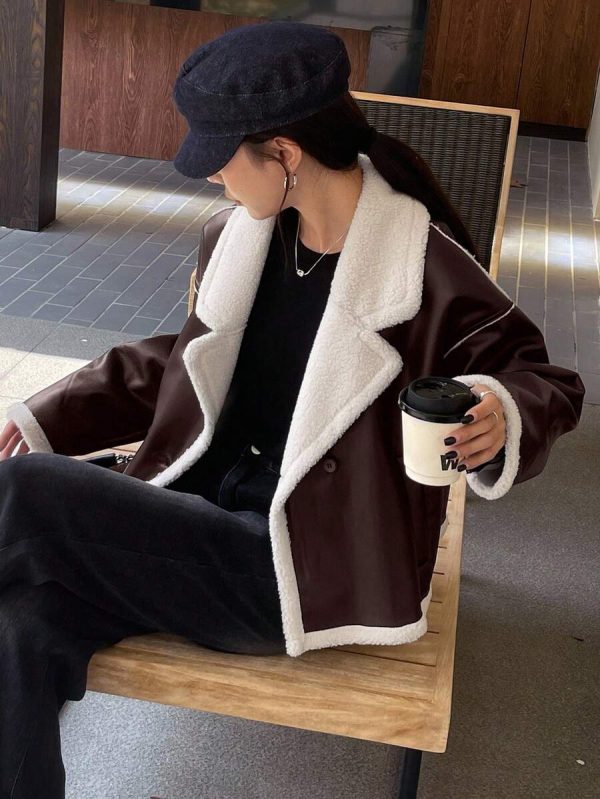 DAZY Veste en fausse fourrure de mouton à couleurs contrastées pour femmes, automne/hiver - Image 14