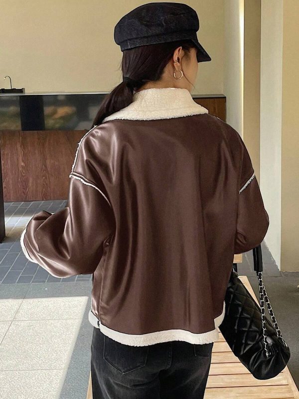 DAZY Veste en fausse fourrure de mouton à couleurs contrastées pour femmes, automne/hiver - Image 19