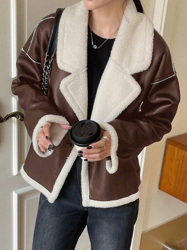DAZY Veste en fausse fourrure de mouton à couleurs contrastées pour femmes, automne/hiver - Image 18